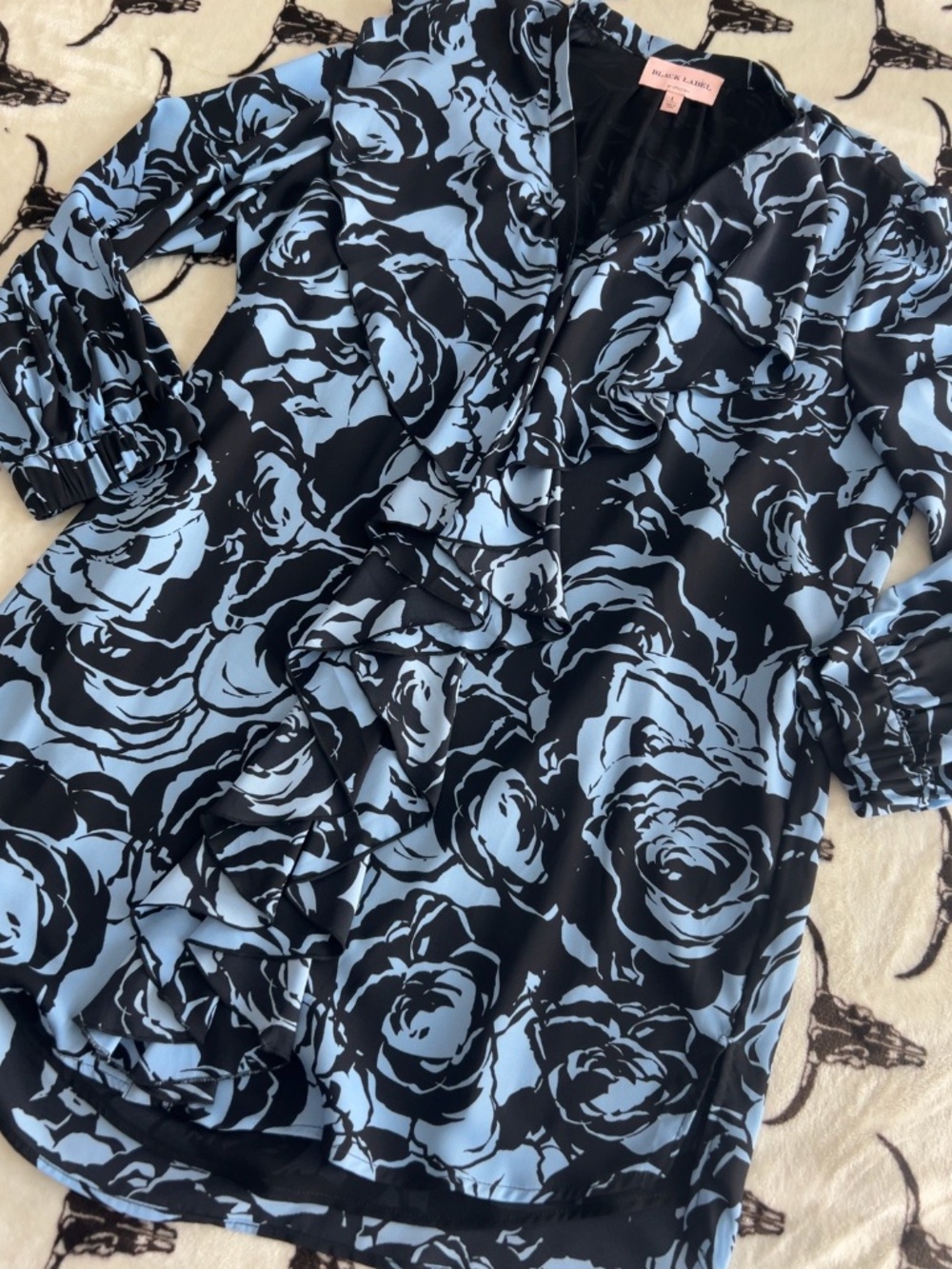 Black Label by Chico’s Blue Black Floral Ruffle Blouse Large